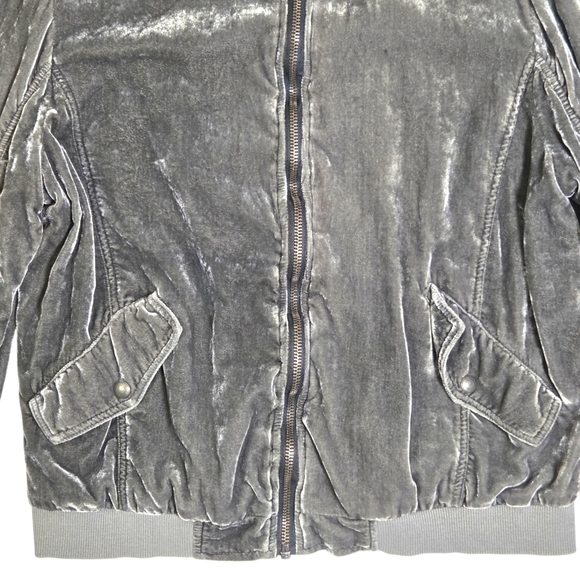 Free People Ruched Velvet Bomber Jacket Gray Zip-Up Size L - Picture 6 of 16
